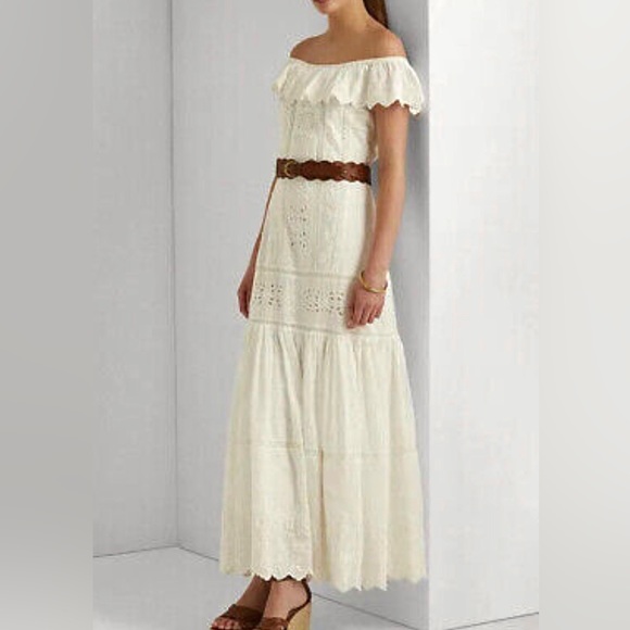 Ralph Lauren Dresses & Skirts - Ralph Lauren Off The Shoulder Eyelet Layered Boho Maxi Dress 100% Cotton SZ 10P